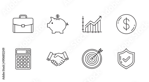 Business Finance Icons: Briefcase, Piggy Bank, Graph, Dollar, Calculator, Handshake, Target, Shield