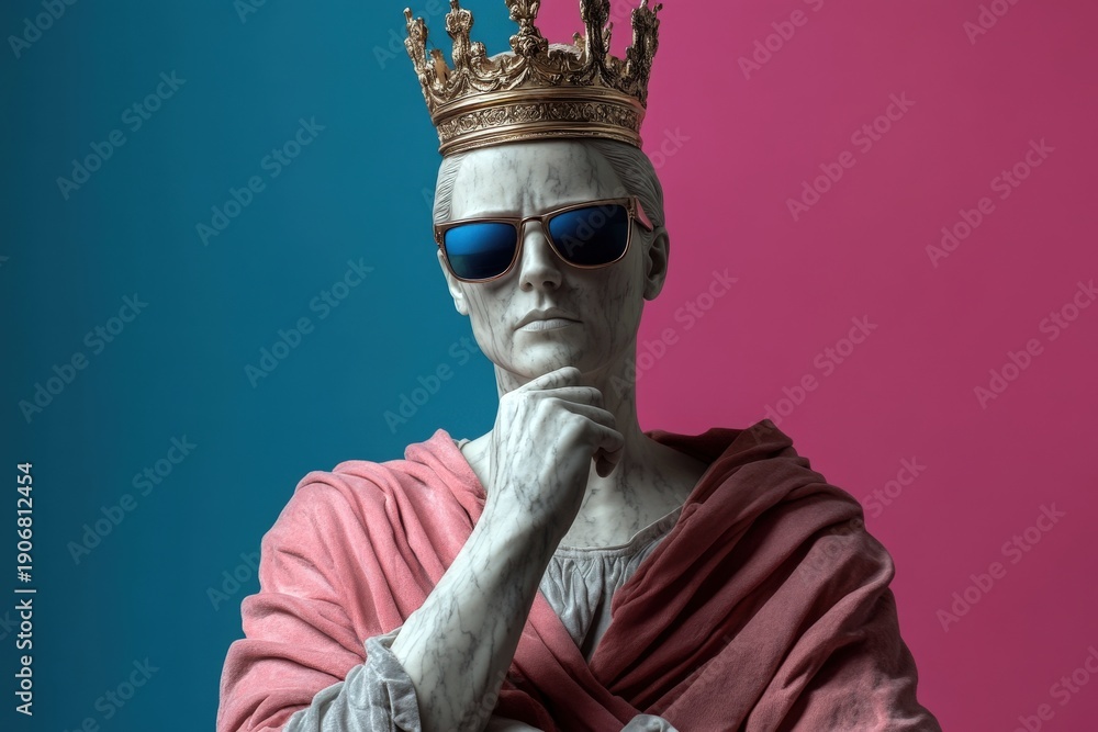 Fototapeta premium Statue wearing sunglasses and a crown poses against a colorful backdrop with thoughtful expression