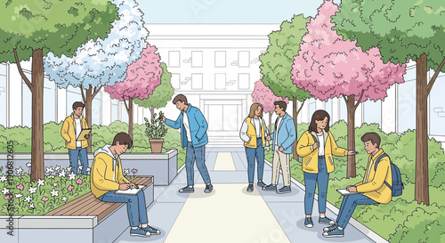 Young people in a park with blooming trees and flowers, studying and socializing