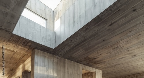 Architectural interior of a building under development with prestressed concrete ceiling and window light effects