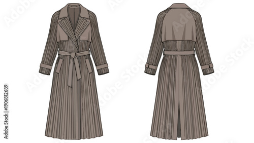 Elegant Pleated Trench Coat Fashion Flat Illustration Front and Back Views for Modern Outerwear Design