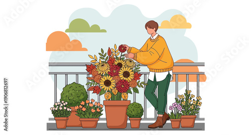Young Person Tending Balcony Garden with Autumnal Flowers