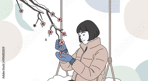 Young Woman on Swing Touching Cherry Blossoms in Winter