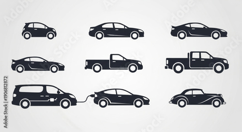 Collection of various car silhouettes isolated on white background.