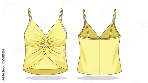 Fashion illustration of a yellow women's camisole top with spaghetti straps and a twisted front design. Front and back views for technical apparel