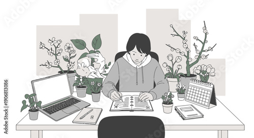 Young Woman Studying at Desk Surrounded by Plants and Laptop