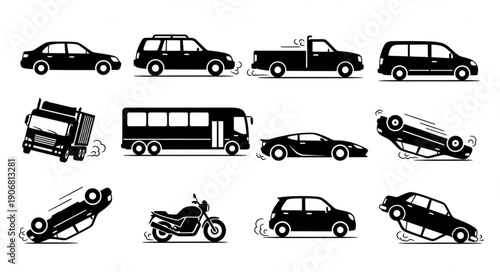 Collection of various car types and accidents in silhouette.