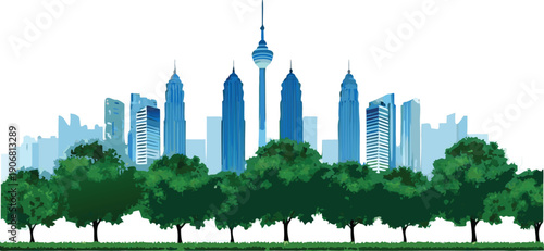 Vector illustration of a green London city skyline featuring modern skyscrapers and tall urban architecture with a landmark business tower view under a clear day sky,