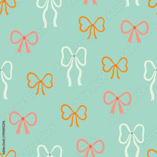 Seamless pattern with tender bows on turquoise background. Perfect for wallpaper, gift paper, holiday greeting cards. Vector hand drawn illustration