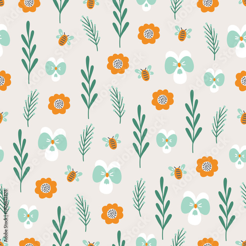 Floral seamless pattern with leaves, flowers, bees, pansy on white background. Perfect for wallpaper, gift paper, spring greeting cards. Vector hand drawn illustration
