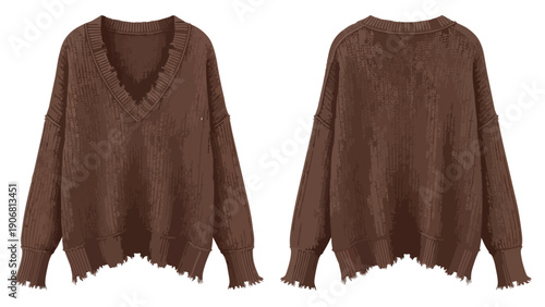 Distinctive distressed V-neck knit sweater in earthy brown, showcasing casual autumn fashion.