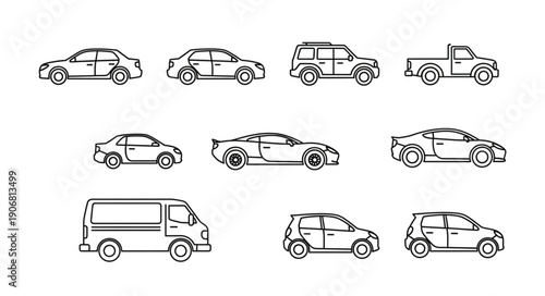 Collection of various car types and vehicles in line art style.
