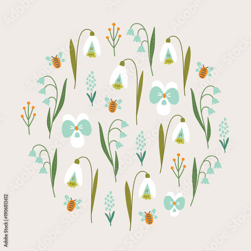 Floral greeting card with snowdrop, lily of the valley, bee, pansy on white background. Circle ornament. Perfect for seasonal holidays and spring decorations. Vector illustration