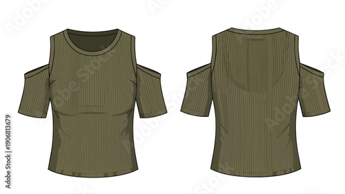 Modern olive green ribbed knit cold shoulder short sleeve top with precise technical drawing details showing front and back views. Ideal for apparel