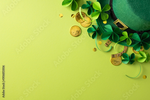 Fotografie A vertical festive green background with shamrocks, coins, and a decorative hat
