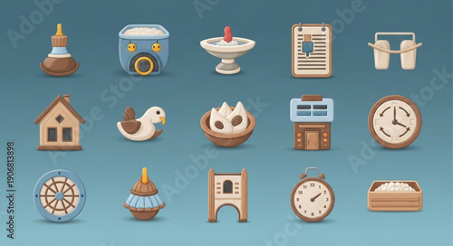 Collection of various cartoon style icons representing different objects.