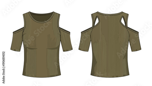 Stylish olive green ribbed knit cold shoulder top showcasing contemporary fashion design, perfect for casual wear, detailed technical flat sketch