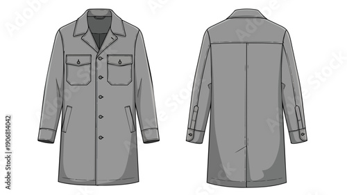 A detailed technical illustration of a men's long utility coat, meticulously presenting both front and back views as a blueprint for fashion design