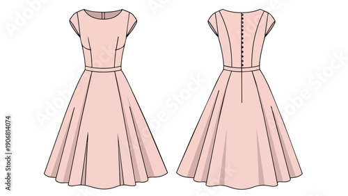 Elegant women's blush pink cap sleeve dress technical illustration showcasing front and back views with detailed button closure and a graceful