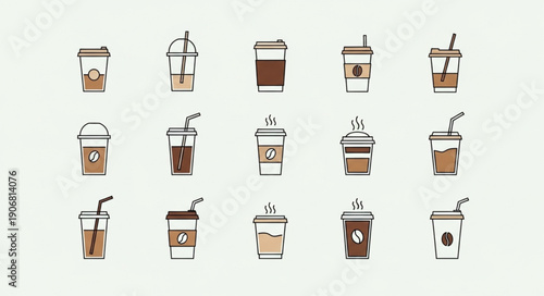 Collection of various coffee cups with lids and straws.