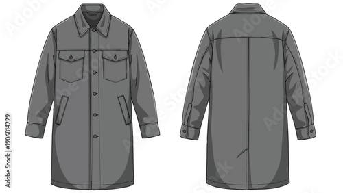 A detailed technical drawing of a long gray button-up coat, showcasing its front and back views with pockets and structured seams, ideal for apparel