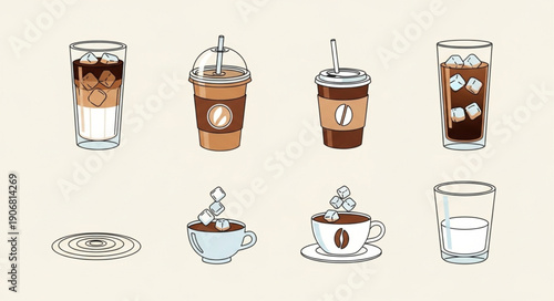 Collection of various coffee drinks in glasses and cups.