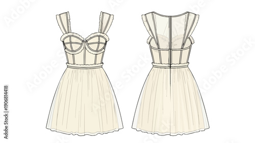 Elegant fashion technical drawing of a bustier-style mini dress with gathered skirt and intricate strap details, perfect for modern apparel design