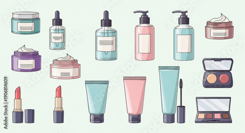 Collection of various cosmetic products and skincare items.
