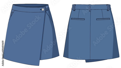 Detailed flat technical sketch of a stylish women's blue wrap skirt or skort featuring front and back views with pockets and a button closure for