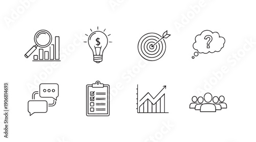 Business Icons: Magnifying Glass, Lightbulb, Target, Question Mark, Chat, Checklist, Graph, Team