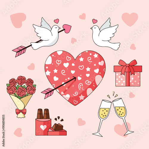 Cute illustration of Valentine's Day icons with doves, hearts, gifts