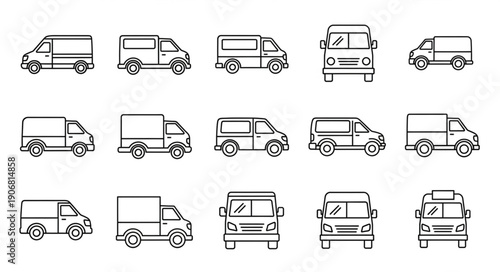 Collection of various delivery truck and van line art icons.
