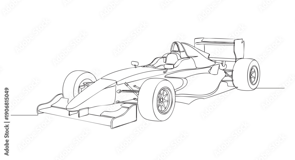 Naklejka premium Line drawing of a formula race car, suitable for coloring pages, design elements, or educational materials on a white background.