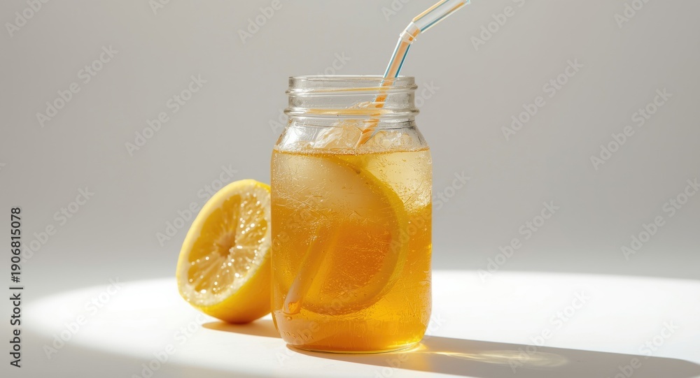 Fototapeta premium Iced lemon tea in a glass jar with straw presented on a pure white backdrop