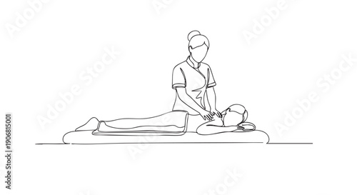One line drawing depicts a woman lying down receiving a relaxing shoulder massage from a massage therapist in a minimal style.