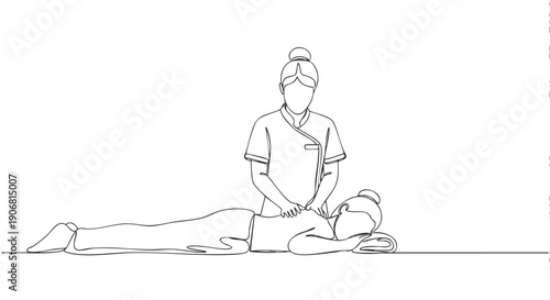 Line art illustration depicts a spa therapist massaging a woman's back, conveying relaxation, wellness, and the soothing experience of a spa treatment.
