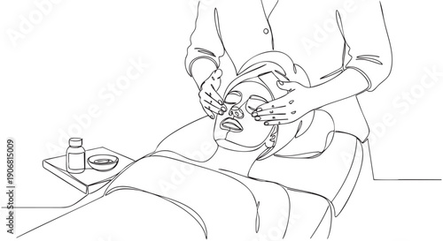 One-line art shows woman receiving beauty facial mask in the spa from a beautician, depicting relaxation and skincare treatment.