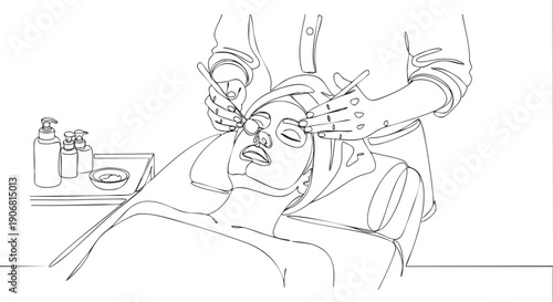 Minimalist line art depicts a woman receiving a facial treatment from a beautician, creating a serene spa atmosphere suitable for wellness advertising.