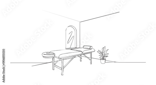 Simple line drawing of a spa treatment room interior featuring a massage table, mirror, and plant, conveying tranquility and relaxation.