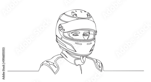 Minimalist line art illustration depicting a race car driver wearing a helmet and racing suit, great for design projects or sporting events.