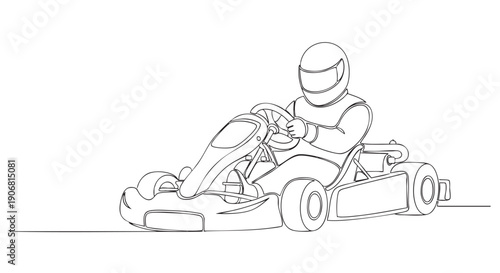 Black and white line art depicts a go-kart racer in a helmet driving on a track, ideal for illustrations, design projects, and sports themes.