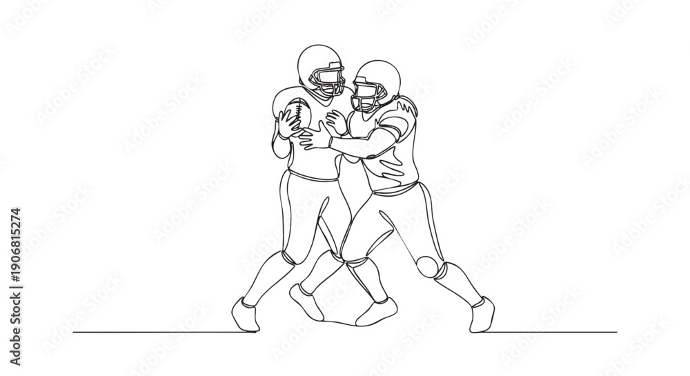 Obraz premium A single line drawing depicts two football players in helmets and gear holding a football, suggesting teamwork, sportsmanship, and minimalist design aesthetic.
