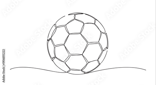 Simple graphic of a soccer ball is drawn in a continuous, unbroken line, suggesting minimalism, sport, and artistic representation on white background.