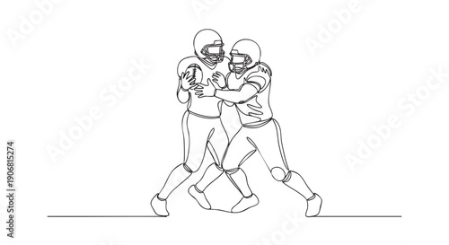 A single line drawing depicts two football players in helmets and gear holding a football, suggesting teamwork, sportsmanship, and minimalist design aesthetic.