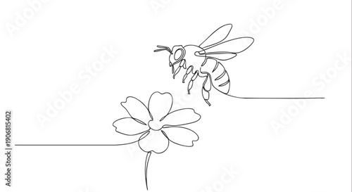 Delicate one line drawing of a bee flying towards a flower against a clean white background. Use this minimalistic image for botanical themes and designs.