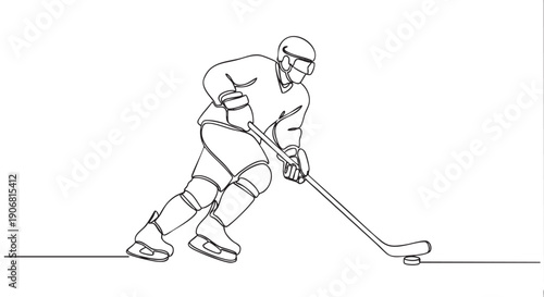 Single continuous line drawing of an ice hockey player skating with a stick and puck, isolated on white, conveying speed and dynamism.
