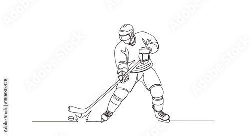 Black and white continuous line drawing of hockey player taking a slapshot at a puck in a minimalist graphic style.