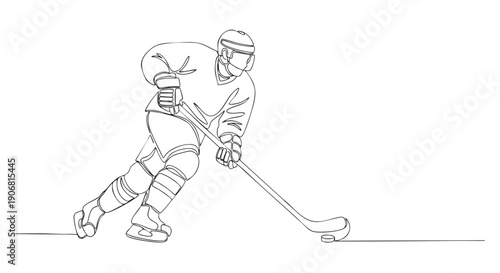 Continuous line drawing of hockey player skating with stick and puck, simple, modern design ideal for sports-related designs and illustrating the sport.
