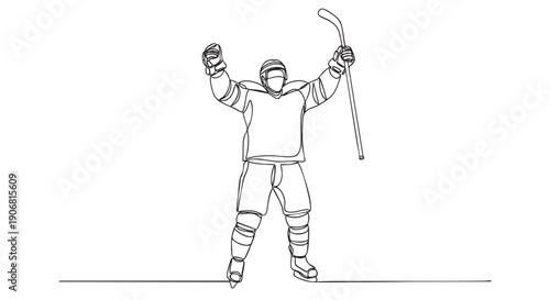 Single line art of hockey player celebrating a win, holding his stick up, embodying success, achievement, and minimalist design for sports graphics and posters.