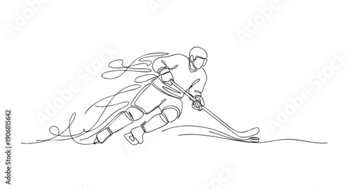 Single continuous line art illustration of a hockey player in motion dribbling the puck on a white background, great for sports related advertising.